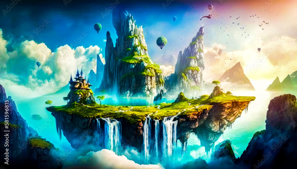 Poster an island in the sky with mountains and clouds. generative ai.