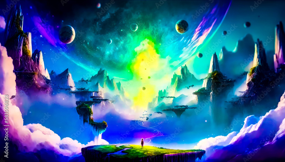 Poster an image of an alien planet with colorful sky. generative ai.