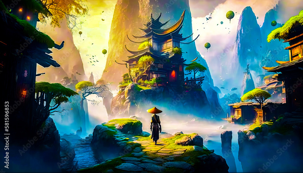 Aufkleber an image of person standing on top of mountain in front of an oriental village. generative ai.