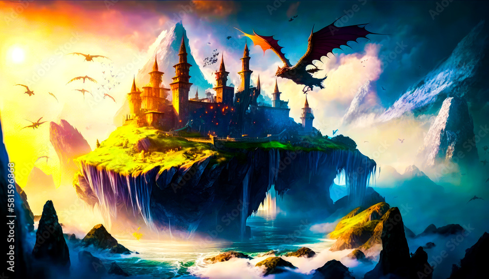 Aufkleber an image of castle on top of mountain. generative ai.