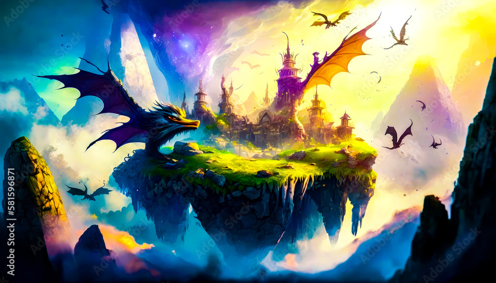 Poster an image of dragons flying over an island with castle in the background. generative ai.