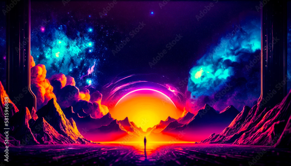 Aufkleber an image of man standing in front of an alien landscape. generative ai.
