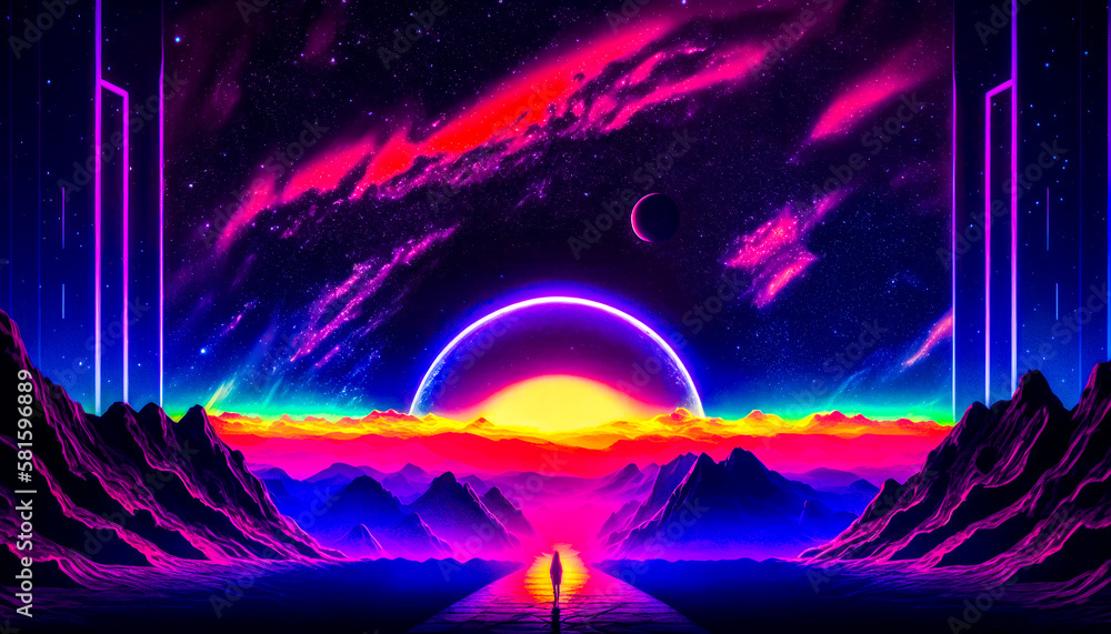 Poster an image of man standing in front of an alien landscape. generative ai.