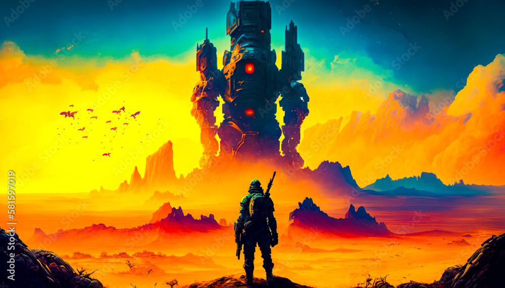 Poster man standing in front of an alien landscape with tower in the background. generative ai.