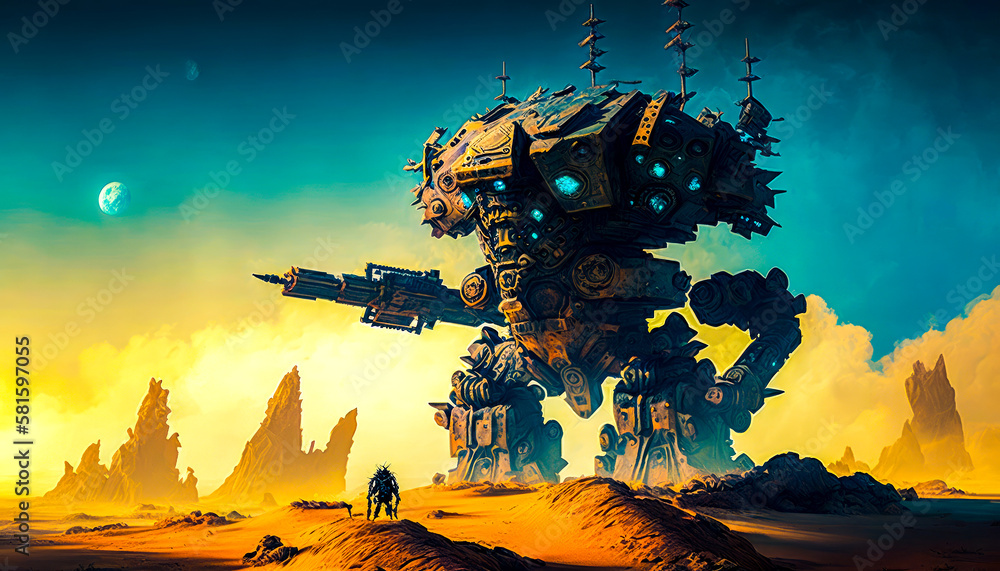 Poster an image of giant robot standing in the desert. generative ai.