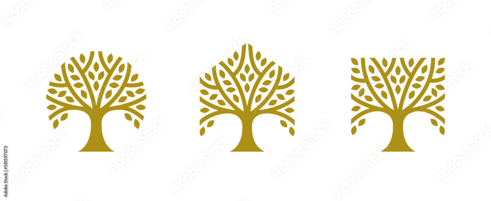 Wall mural set of tree logos in different geometric shapes: circle, square and hexagon.