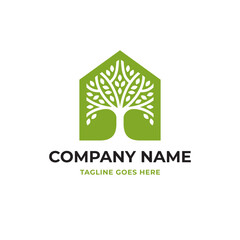 Logo with a tree in a shape of house. Green home, eco building conceptual symbol. - 581597065