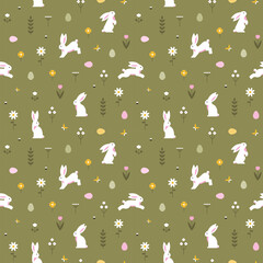 Easter seamless pattern with cute bunnies, flowers and eggs on the meadow. Festive spring background.