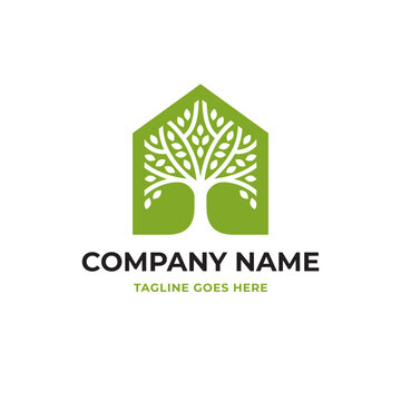 Logo with a tree in a shape of house. Green home, eco building conceptual symbol.