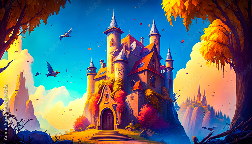 Poster an image of castle surrounded by trees and birds. generative ai.