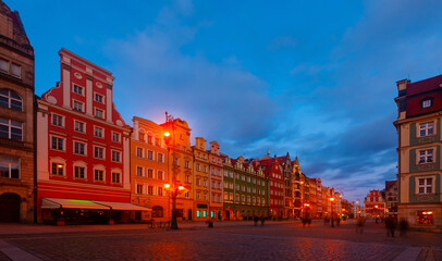 Naklejka premium Evening view of the market square in the city of Wroclaw. Poland