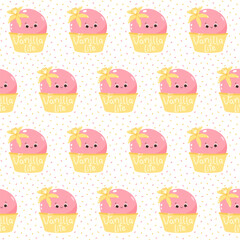 Vector seamless pattern with fruit ice creams on a white background. Cold dessert. Summer sweetness.