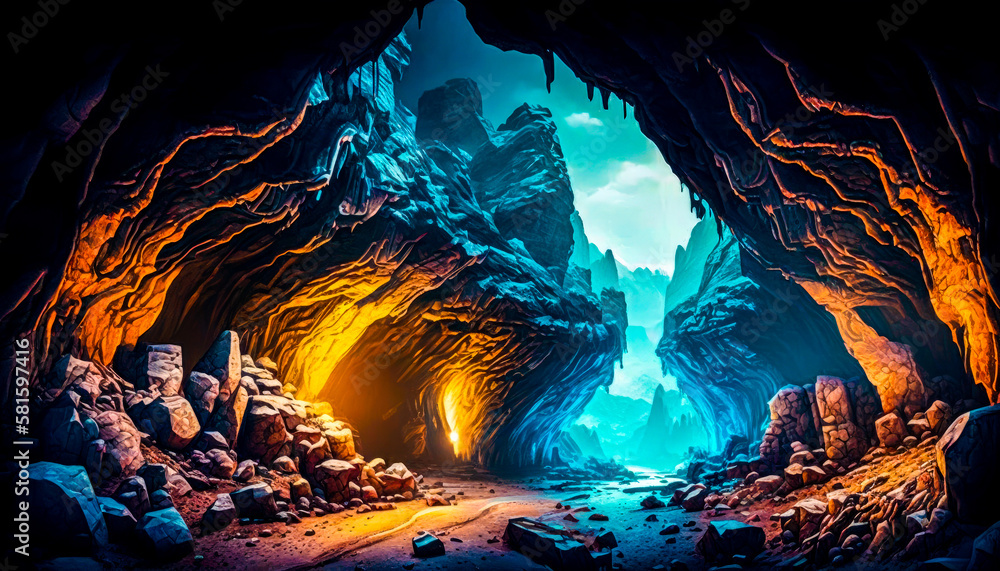 Poster an image of dark cave with light coming out of it. generative ai.