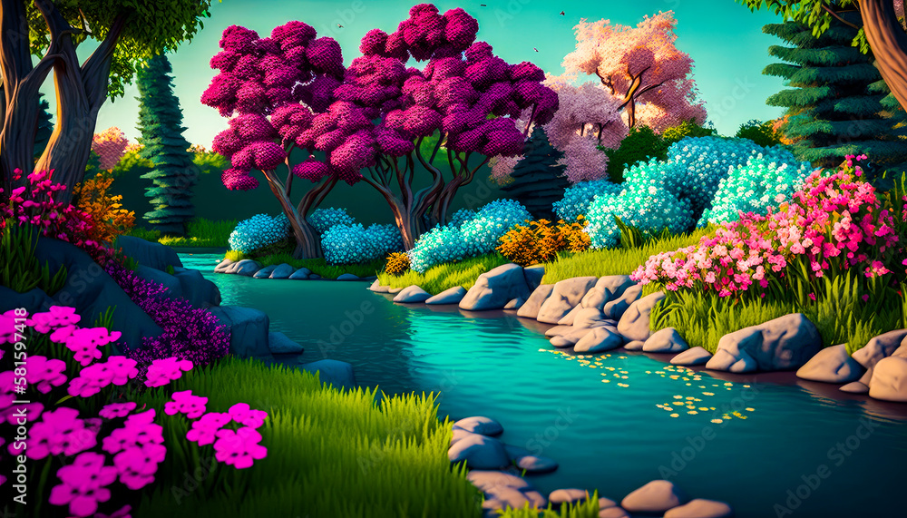 Poster an animated 3d scene with flowers and trees. generative ai.