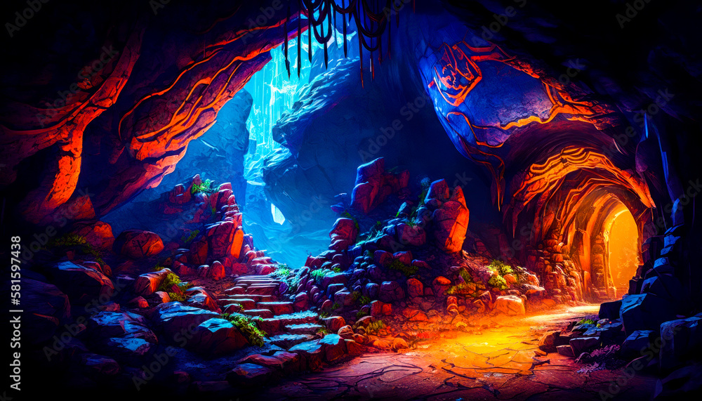 Poster an image of dark cave with light coming out of it. generative ai.