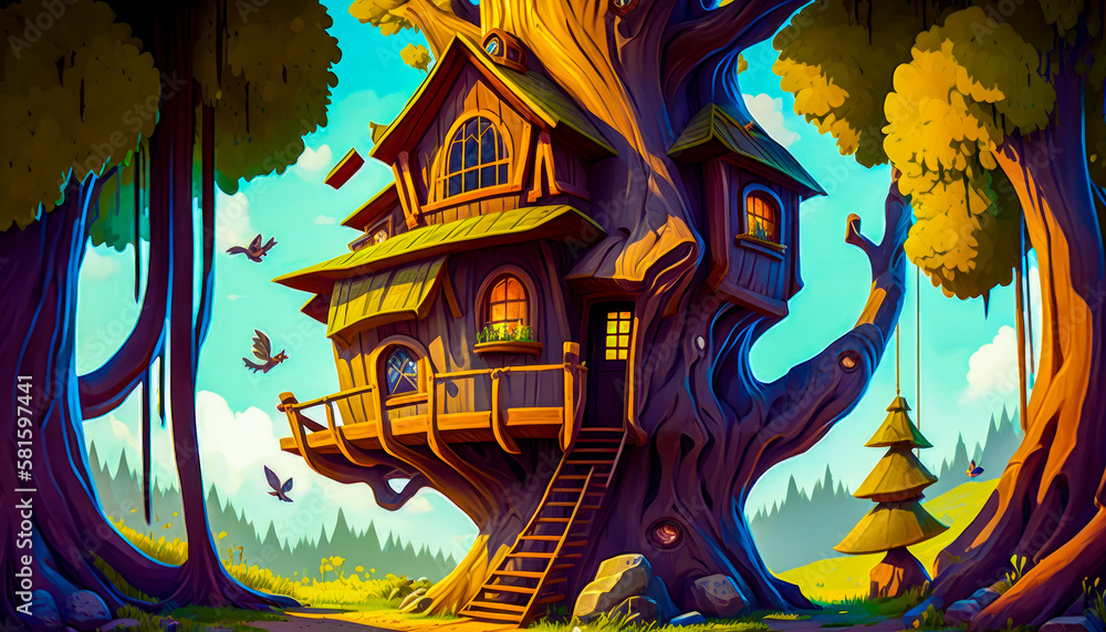 Poster tree house in the middle of forest. generative ai.