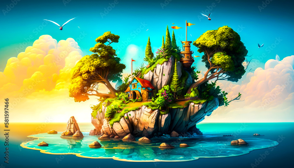 Aufkleber an island with house on it in the middle of the ocean. generative ai.