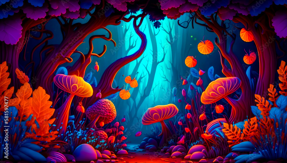 Poster an animated forest scene with mushrooms and mushrooms. generative ai.