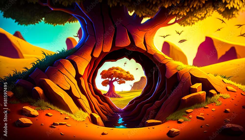 Poster an illustration of tree with hole in it. generative ai.