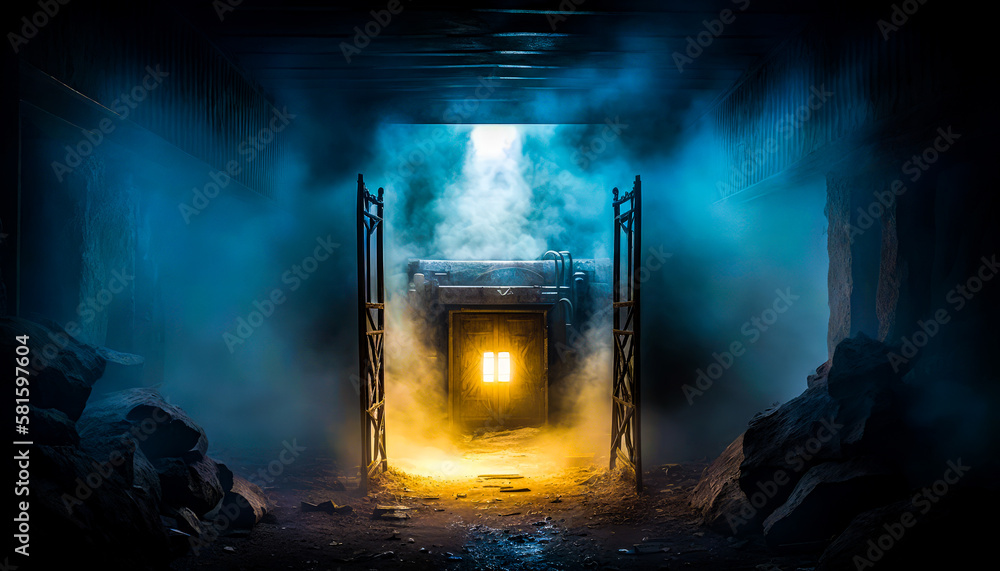 Poster an open door in dark tunnel with smoke coming out of it. generative ai.