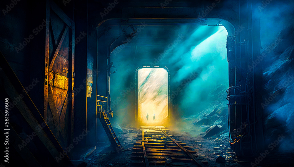 Aufkleber an open door in dark tunnel with steam coming out of it. generative ai.