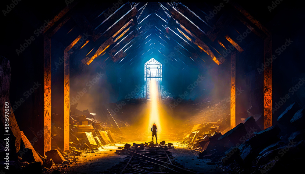 Aufkleber man standing in dark tunnel with light coming out of it. generative ai.