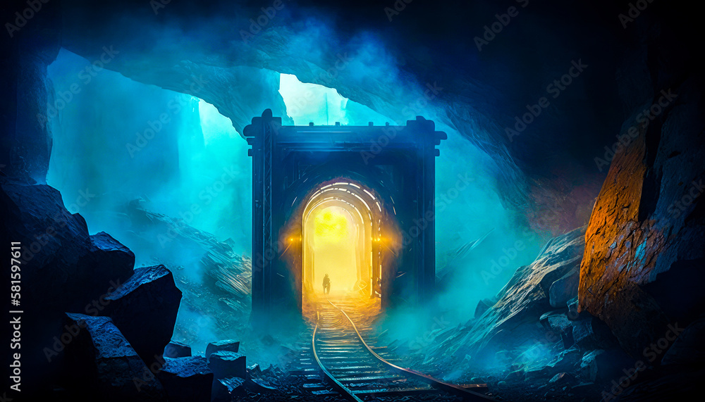 Poster an image of tunnel in the middle of dark cave. generative ai.