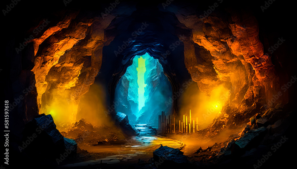 Poster an image of cave with light coming out of it. generative ai.
