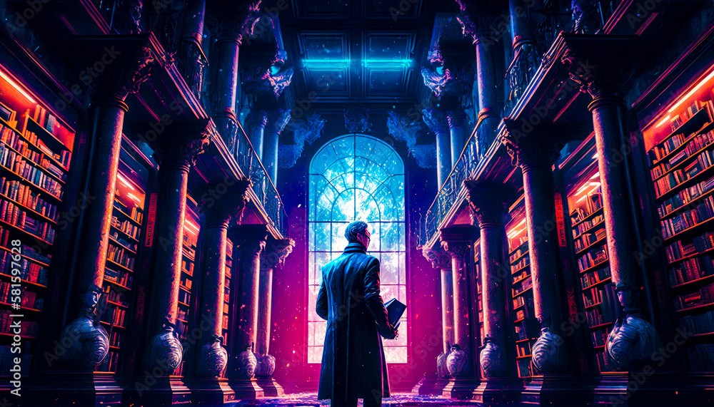Poster man standing in the middle of library looking at books. generative ai.