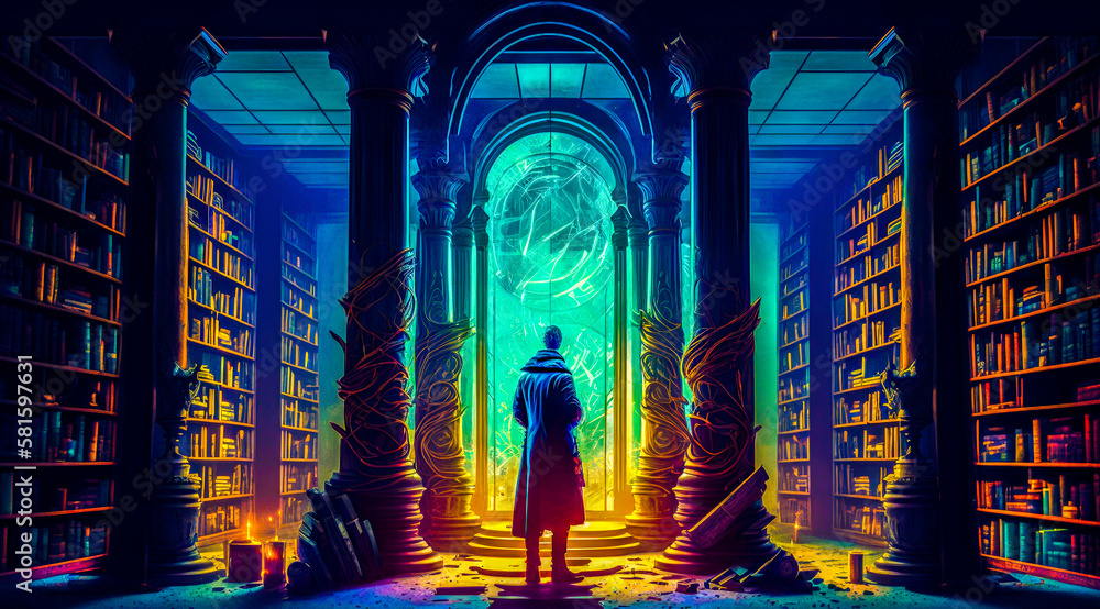 Poster an illustration of man standing in front of library. generative ai.