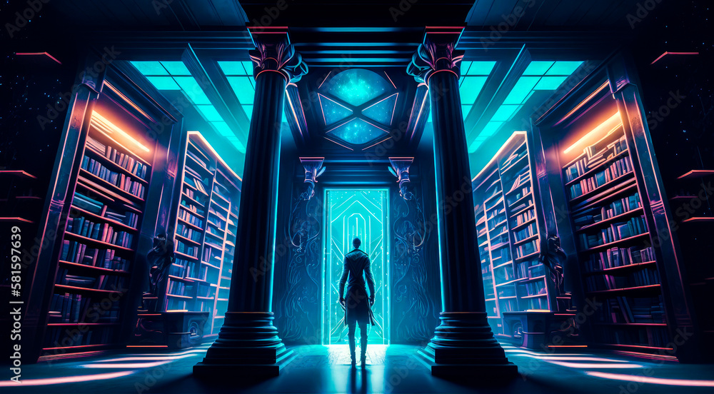 Poster an image of man standing in front of library. generative ai.