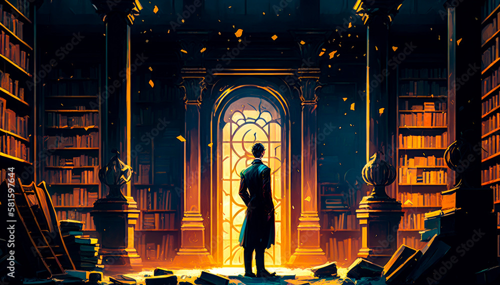 Aufkleber an illustration of man standing in an empty library. generative ai.