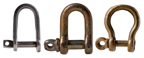 Three different types of nautical shackles on an isolated background.