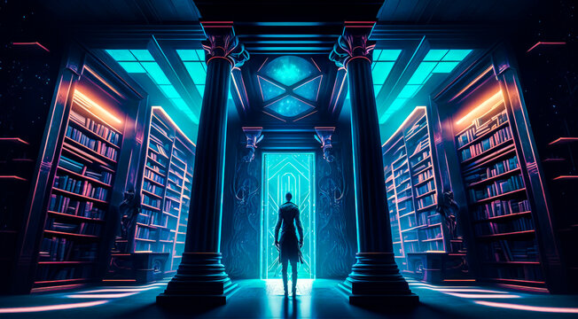 An image of man standing in front of library. Generative AI. - Powered by Adobe