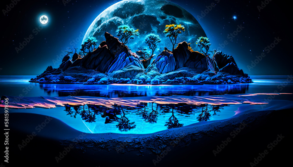 Poster an island in the middle of the ocean with full moon. generative ai.