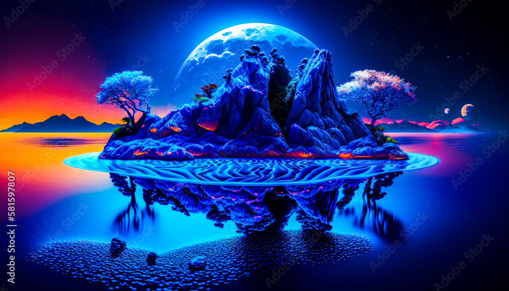 Poster an island in the middle of the ocean with moon in the background. generative ai.