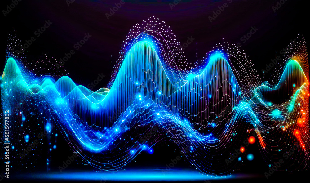 Poster an image of colorful waves on black background. generative ai.