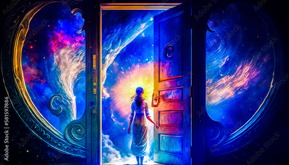 Poster an open door with woman standing in front of it. generative ai.