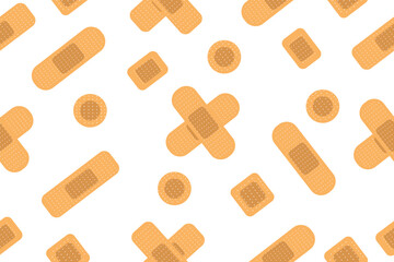 Seamless pattern with realistic medical plaster of various shapes. Repeatable background with different elastic band aids. First aid bandages. Flat vector cartoon illustration