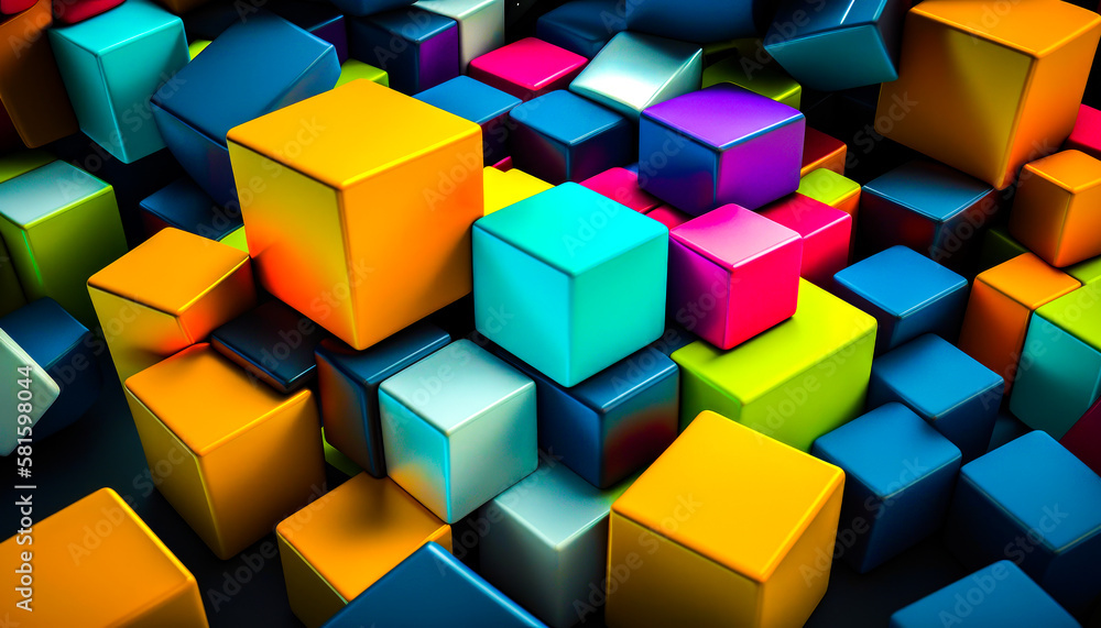Poster an image of colorful cubes on black background. generative ai.