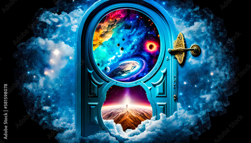 Poster an open door to the universe with stars and planets in the background. generative ai.
