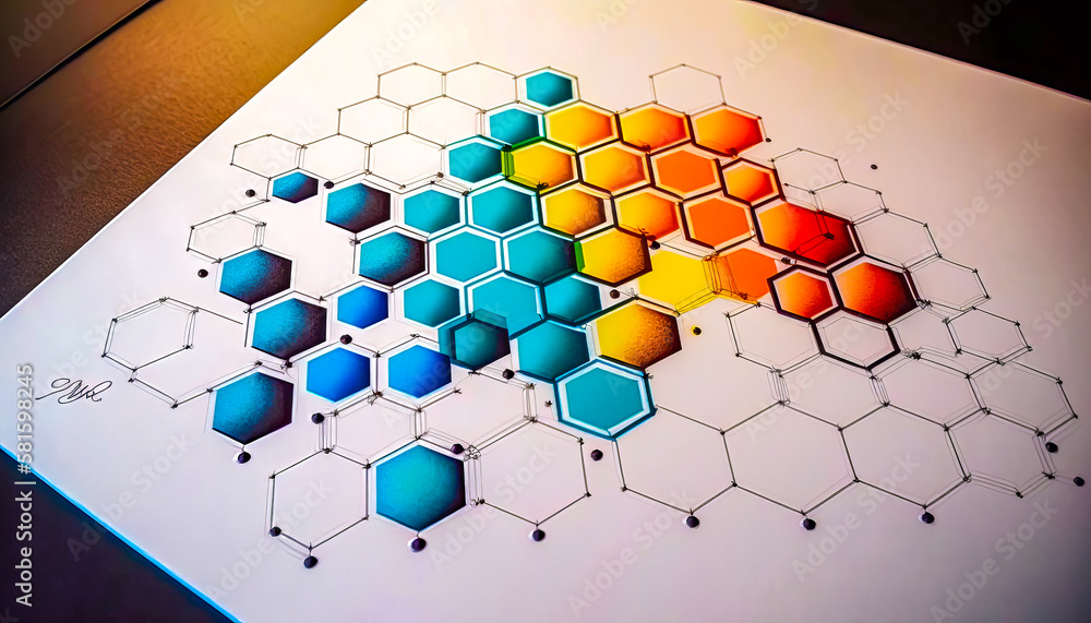 Poster drawing of hexagon with different colors. generative ai.