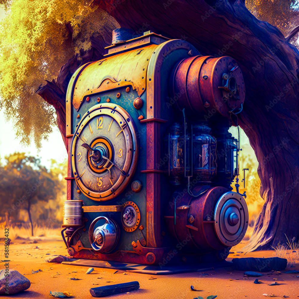 Poster an image of an old steam engine sitting under tree. generative ai.