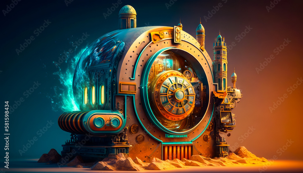 Poster an image of steampunk clock on top of desert. generative ai.