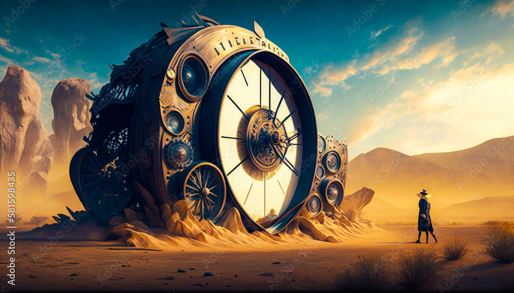Poster man stands in front of large clock in the desert. generative ai.