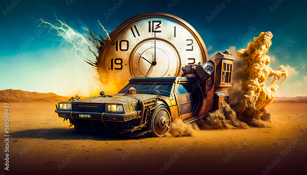 Poster car with clock on it in the desert. generative ai.