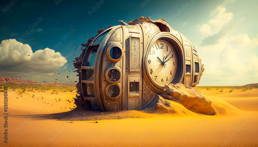 Poster an image of clock in the desert. generative ai.