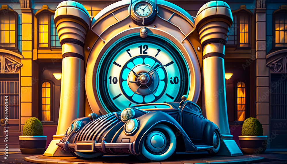 Poster an old car is parked in front of large clock. generative ai.
