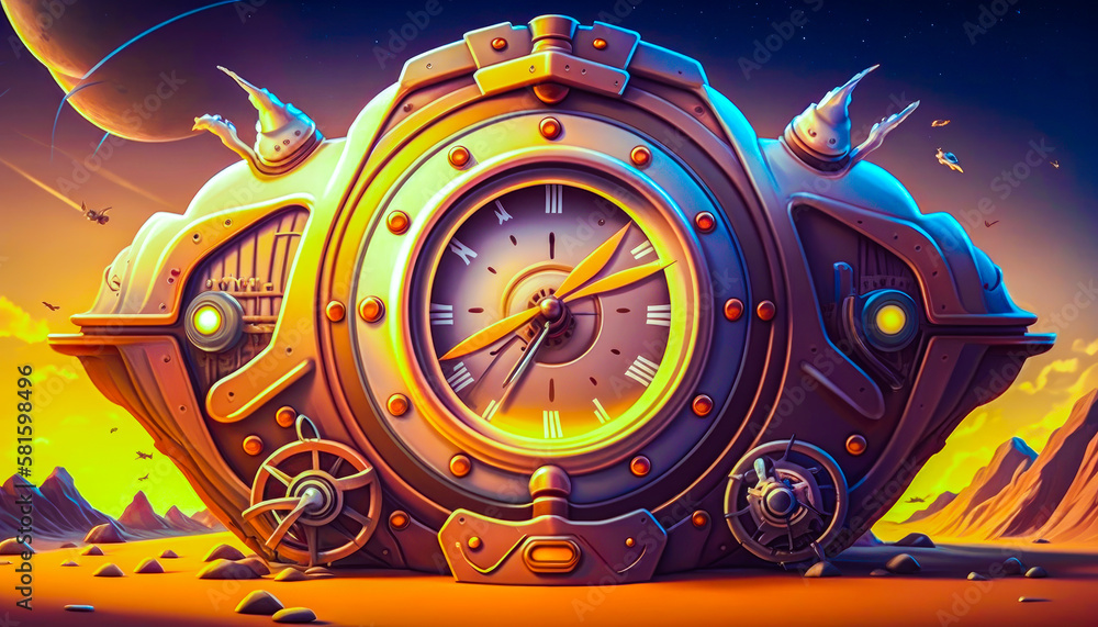 Poster an illustration of clock on the surface of an alien planet. generative ai.