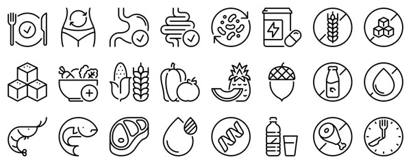 Line icons about nutrition on transparent background with editable stroke.